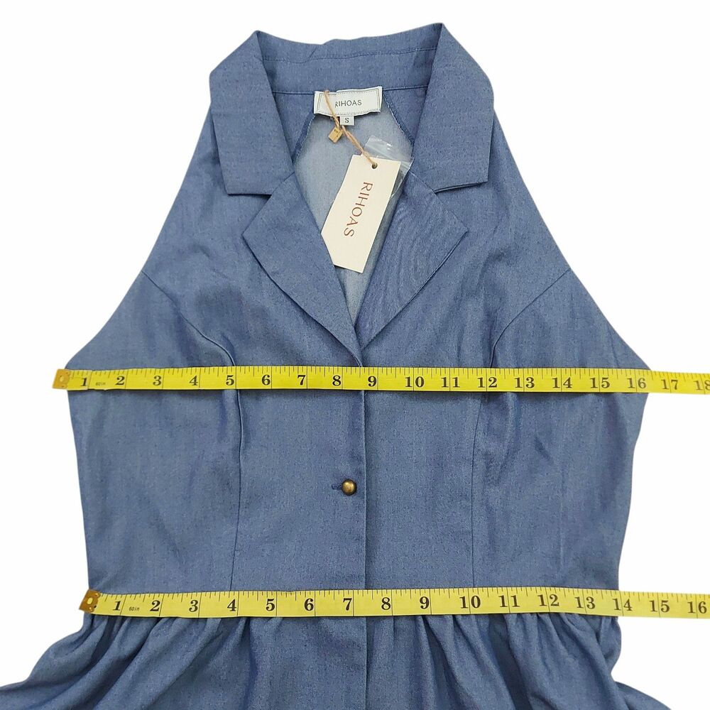 Rihoas The Lapel Sleeveless Midi Dress Womens Small Blue Chambray Button Up - Picture 11 of 12